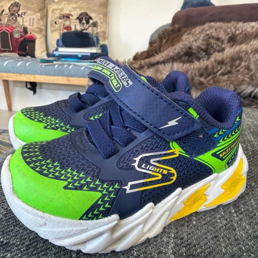 toddlers 6 sketchers flex glow‎ bolt NVMT 400138N Navy Blue Neon/Green/Yellow/Wh